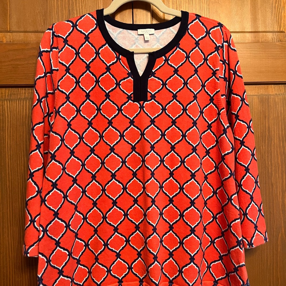 Talbots XL petite 3/4 sleeve lightweight cotton sweater in coral, navy & white